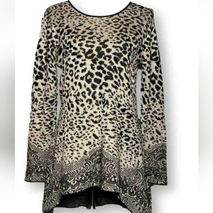 Christina,Large, black and gray leopard print metallic long sleeve high low top